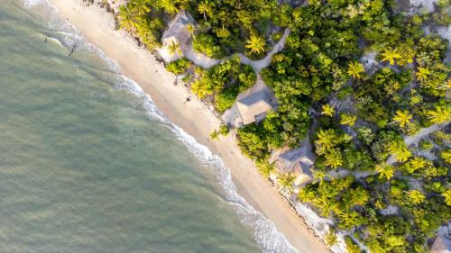 an overhead view of a beach with a house and the ocean at Simply Saadani Camp, A Tent with a View Safaris in Mkwaja