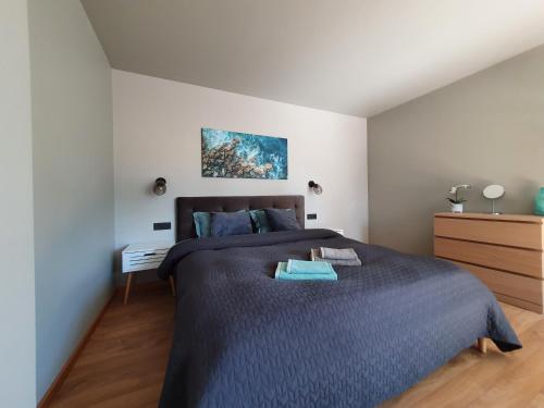 a bedroom with a large bed with a blue blanket at Kalvāni in Mērsrags