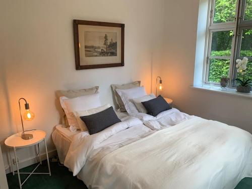 1 dormitorio con 2 camas y almohadas en Værelse ved Nykøbing F., en Nykøbing Falster