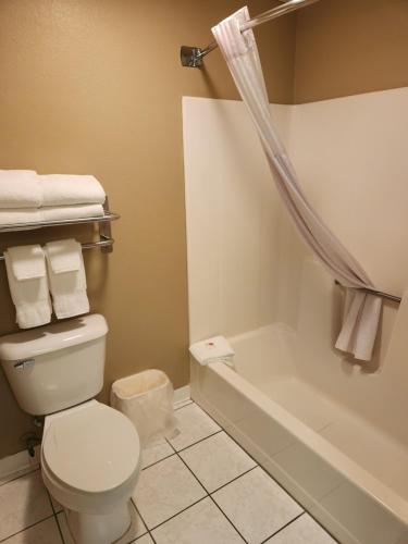 La salle de bains est pourvue de toilettes et d'une baignoire. dans l'établissement Eagle Ridge Inn, à Le Claire