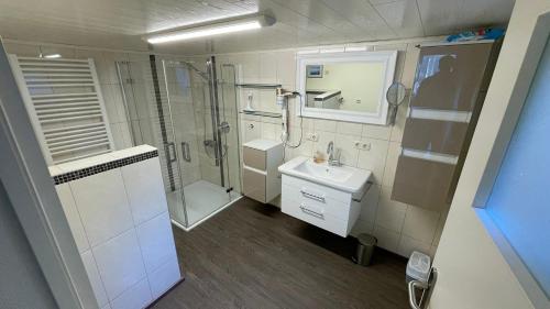 La salle de bains est pourvue d'une douche et d'un lavabo. dans l'établissement Loreleyresidenz, App Jerry, à Sankt Goarshausen