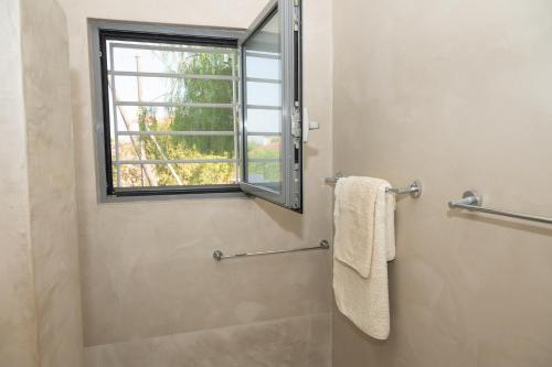 a bathroom with a window and a shower at Beach Villa Next To The Waves! in Istiaía