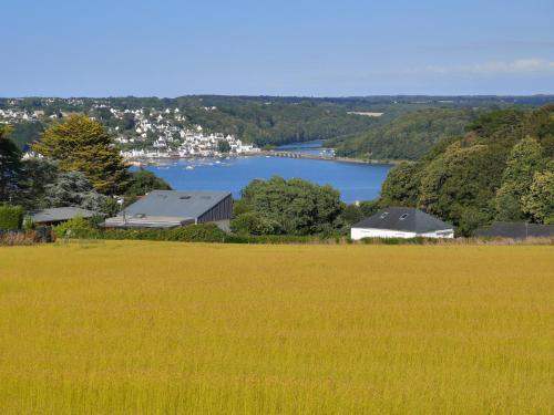 a large field of grass next to a lake at Chambre cosy in Locquénolé