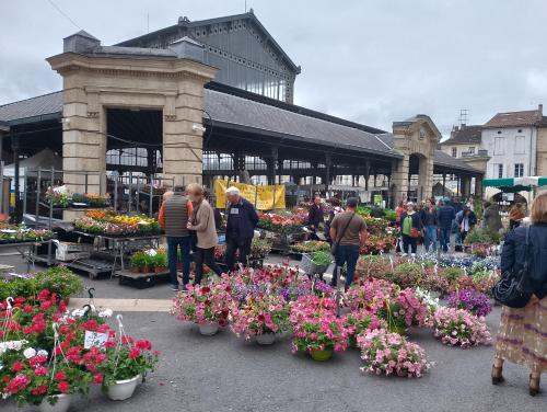 een groep mensen die rond een markt met bloemen staan bij Le Petit Gîte des Lys in Monségur