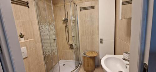 a bathroom with a shower and a toilet and a sink at Apartament Rodzinne Zacisze - dla 8 osób - PET FRIENDLY - dwie osobne sypialnie z parkingiem - Space Apart in Karpacz