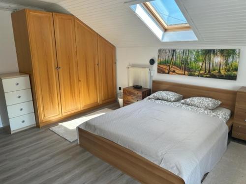 Un dormitorio con una cama grande y una claraboya. en A&E Apartment, en Liubliana