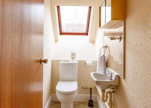 uma casa de banho com um WC, um lavatório e uma janela em Pheasant Lodge em Tomich