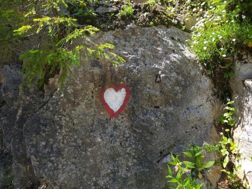 a red heart painted on a rock with plants at Jurček Holiday Home in Kotlje