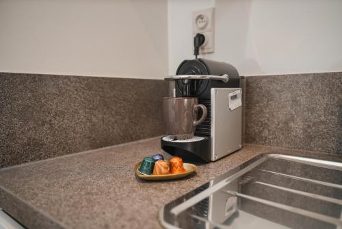 a kitchen counter with a blender and a plate of food at Villa Yvonne in Ostend