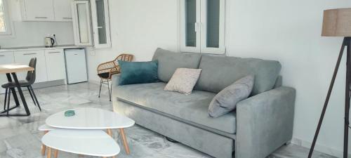 a living room with a couch and a table at Odysseas apartments in Agathonisi