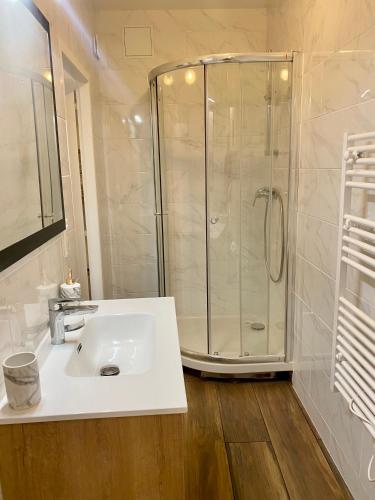 une salle de bain blanche avec une douche et un lavabo dans l'établissement Cité Gastro. / Centre Ville, à Dijon