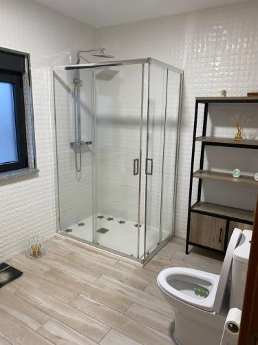 uma casa de banho com um chuveiro e um WC. em Moradia Activ Mar\Vão em Vila Real