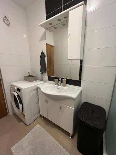 łazienka z umywalką i pralką w obiekcie Apartment Nina w Zagrzebiu