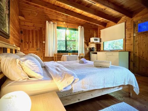 1 dormitorio con 1 cama grande en una cabaña de madera en Adventure - חוויה en Amirim