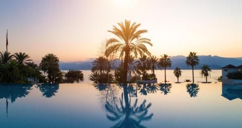 a swimming pool with palm trees and the sunset at Akra Hotel in Antalya