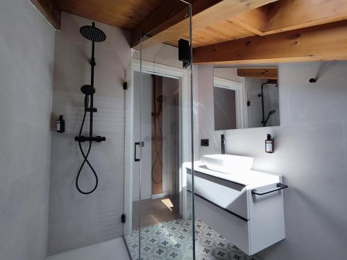 een badkamer met een douche en een wastafel bij Apartaments El Trèvol in Camprodon