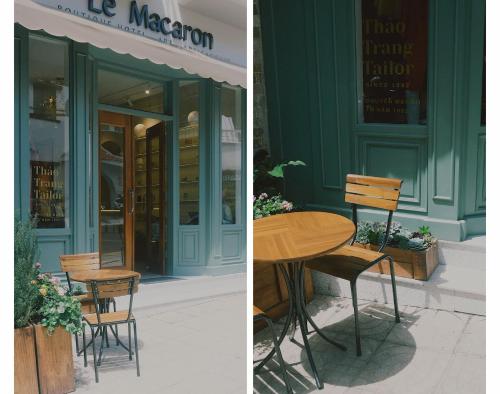 two pictures of a table and chairs outside a store at Le Macaron Boutique Hotel Đà Lạt - Dalat in Da Lat