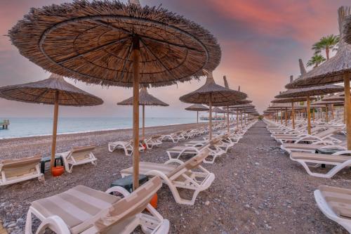 a row of chairs and umbrellas on a beach at Meryan Hotel - Ultra All Inclusive in Okurcalar