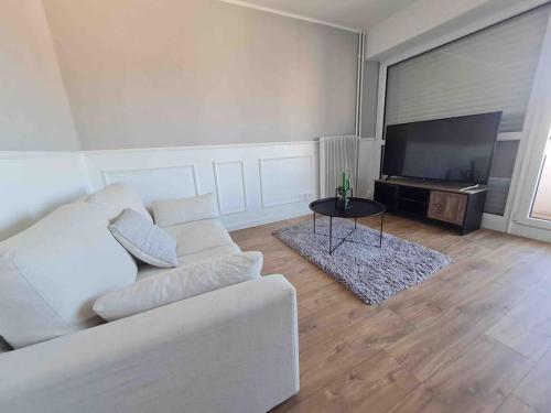 ein Wohnzimmer mit einem weißen Sofa und einem TV in der Unterkunft Superbe appartement in Pau