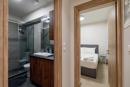 y baño con cama, ducha y lavabo. en Renovated 1st-floor apt-close to the park en Athens