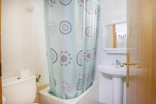 y baño con cortina de ducha, aseo y lavamanos. en Casa Batlle Boix en Les Iglésies