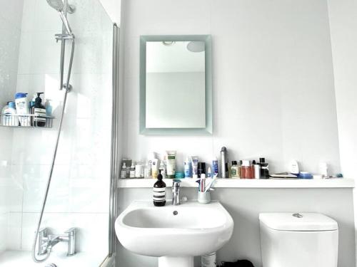 a bathroom with a sink and a shower and a mirror at Large 2bed flat near TowerBridge in London