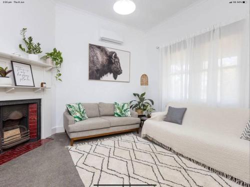 a living room with a couch and a fireplace at Walnut Cottage in Mildura
