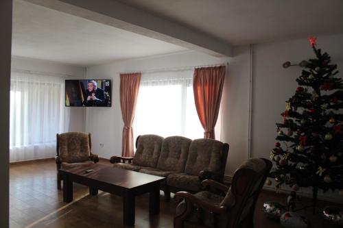 a living room with a christmas tree and a couch at Popas de munte Dâmbovicioara in Podu Dîmboviţei