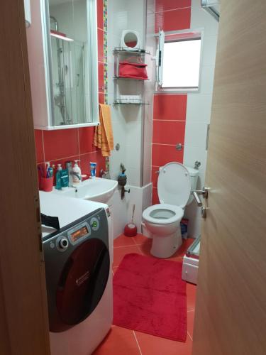 a bathroom with a toilet and a sink and a washing machine at Apartman Batuta in Budva