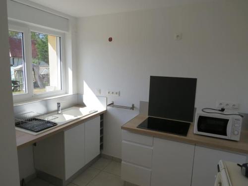 une cuisine avec un évier et un micro-ondes sur un comptoir dans l'établissement La cavale, à Guiseniers