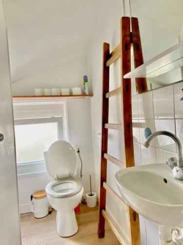 une salle de bain avec des toilettes blanches et un lavabo dans l'établissement Appartement vue mer Merlimont, à Merlimont