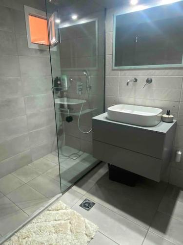a bathroom with a glass shower and a sink at Didima apartment in Didyma