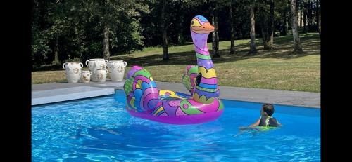 a person in a swimming pool with a colorful inflatableigator in the water at Domaine Georges V in Saint-Junien