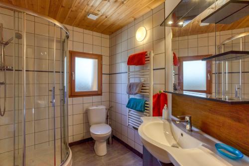 een badkamer met een toilet, een wastafel en een douche bij Chalet Ornon in Ornon