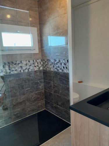 une salle de bain avec une douche, des toilettes et un lavabo dans l'établissement Maison de vacances Bréhal, à Bréhal