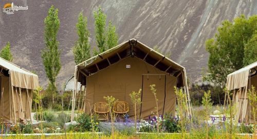 a brown tent with chairs and flowers in a field at Highland Desert Camp in Leh