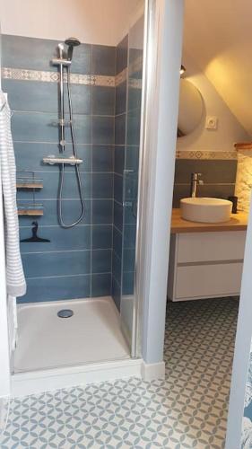 une salle de bain avec douche et lavabo dans l'établissement Gîte à Montvalent, proche Rocamadour, Adult only, à Montvalent