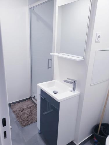 a white bathroom with a sink and a mirror at new private room ,sea view, near airport 5 min, train 3 min and tram on site, beach 7 min, 2 showers and 2 toilets. Neuf , chambre privative, vue mer, proche aéroport 5 min , train 3 min et tramway sur place, plage 7 min, 2 douches et 2 wc. in Nice