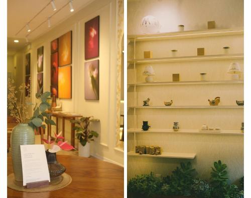 two pictures of a room with shelves with plants at Le Macaron City Center - Boutique Hotel Đà Lạt in Da Lat