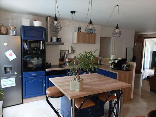 uma cozinha com armários azuis e uma mesa com um vaso de plantas em Villa avec piscine privée proche Bandol/Beausset em Le Beausset