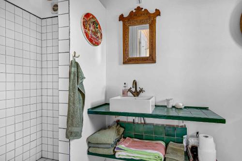ein Badezimmer mit einem Waschbecken und einem grünen Regal in der Unterkunft Kattegat Strandvej 11, 4581 Rrvig in Rørvig