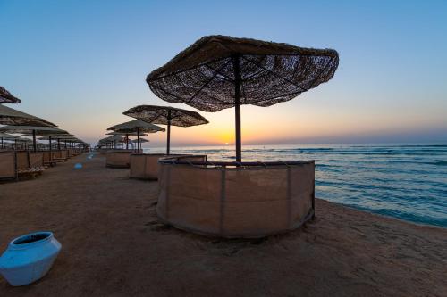 a group of umbrellas on a beach with the ocean at Makadi Palace - Couples and Families Only in Hurghada