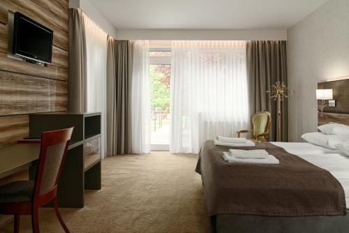 Habitación de hotel con cama y escritorio en Hotel Villa Eva, en Gdansk
