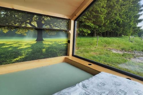 a view of a bedroom with a large window at Tiny House Rákosníček in Malšín