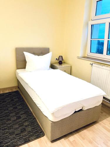 ein großes Bett in einem Zimmer mit Fenster in der Unterkunft Euphrat Pension in Lichtentanne