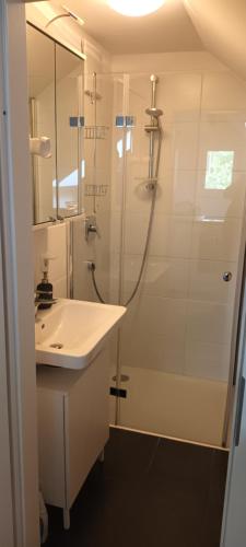 a white bathroom with a shower and a sink at Hideaway in Zell am Moos