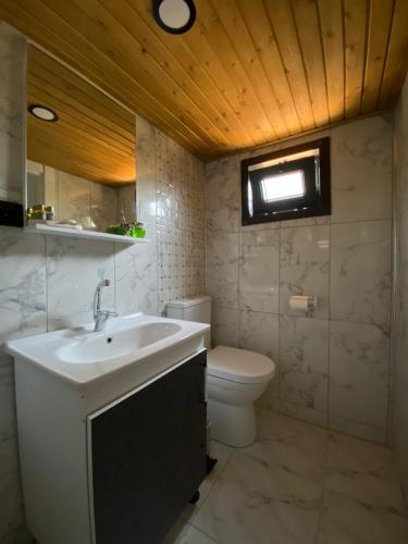 La salle de bains est pourvue d'un lavabo et de toilettes. dans l'établissement Vayu Hotel&Tiny Houses, à Çanakkale