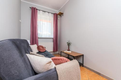 斯特迦納的住宿－Pokoje - Stegna Nadmorski Klimat，客厅配有蓝色的沙发和桌子