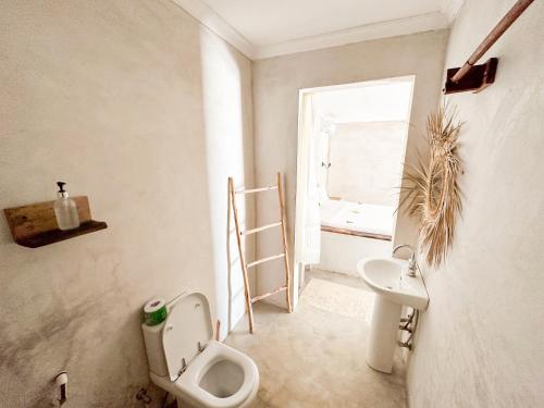 a bathroom with a toilet and a sink and a window at Jambo Beach Hotel Paje in Paje