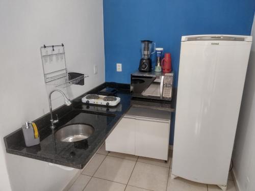 uma pequena cozinha com um lavatório e um frigorífico em Meu Oca em Boa Vista